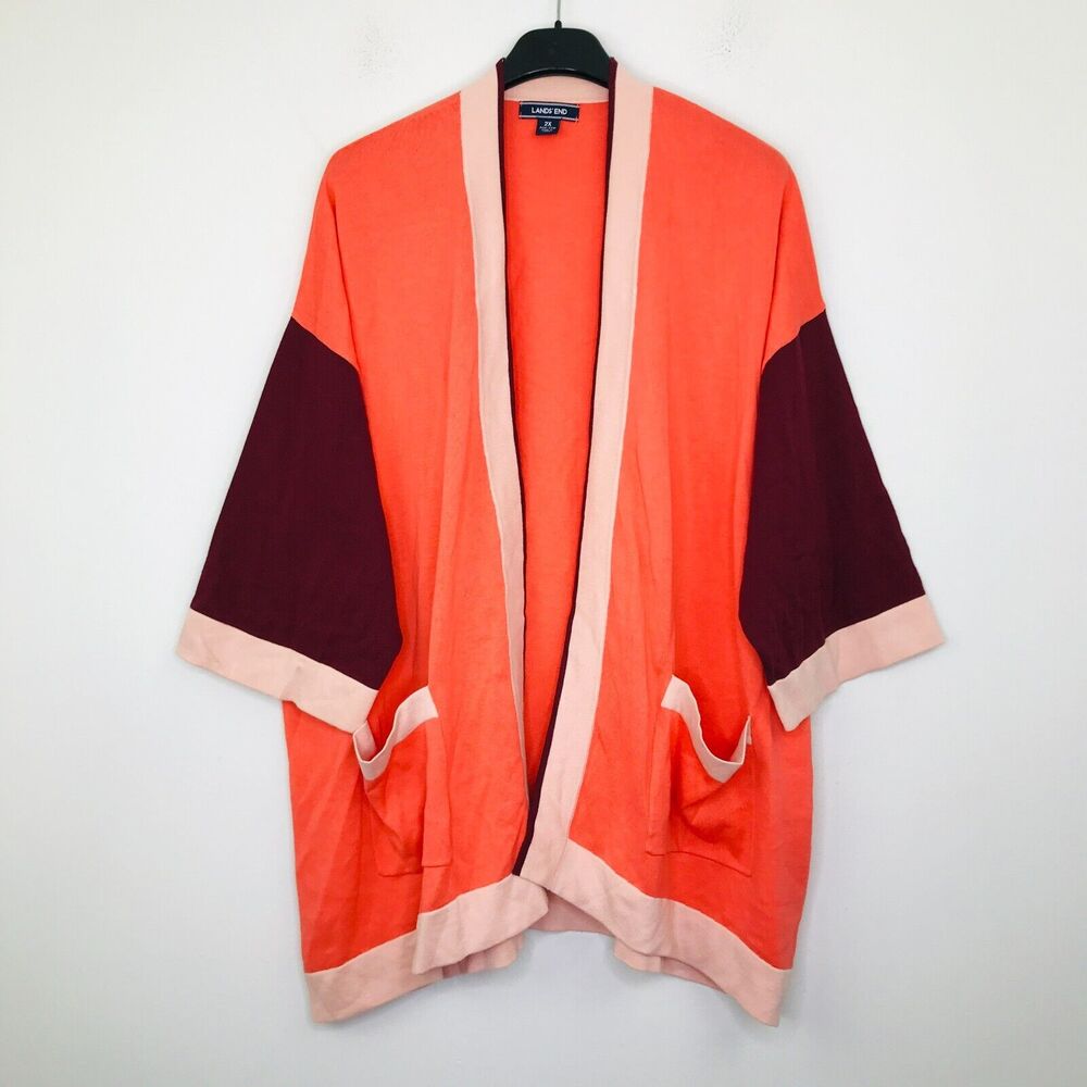 Lands End Women's 2X Sweater Pink Colorblock Open Kimono Cardigan CB23
